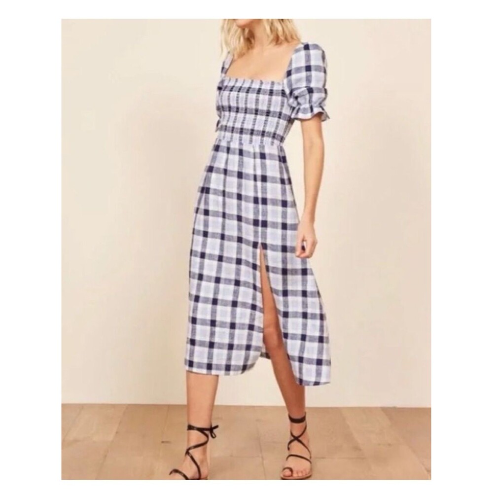 Reformation Blue Plaid Linen Midi Dress Puff Sleeve Smocked Slit